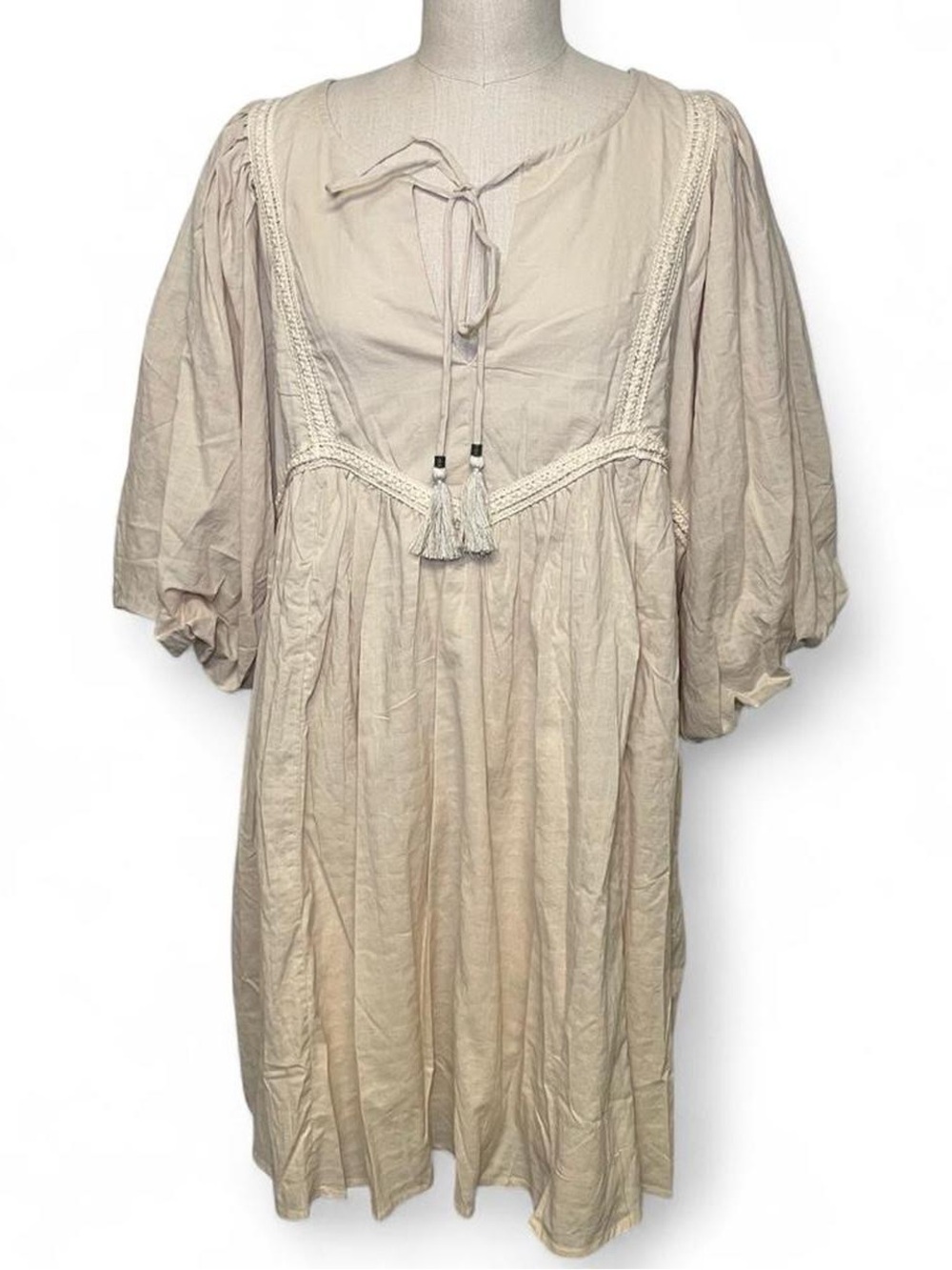 By Together nude/off-white Tie-Front Puff Sleeve Mini Dress